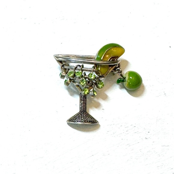 Vintage Jewelry - Enamel Apple Martini Cocktail Glass Shaped Metal Brooch Green Rhinestones